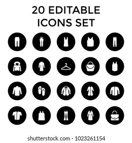 Casual icons. set of 20 editable filled casual icons such as woman bag, singlet, sweater, jacket, woman pants, overcoat, hanger. best quality casual elements in trendy style.
