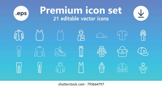 Casual icons. set of 21 editable outline casual icons includes woman bag, casino boy, overcoat, singlet, woman pants, baseball cap, jacket, celebrity, sweater, hoodie