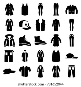 Casual icons. set of 25 editable filled casual icons such as overcoat, singlet, pants, woman pants, baseball cap, jacket, boot