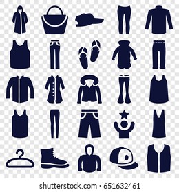 Casual icons set. set of 25 casual filled icons such as woman bag, flip flops, overcoat, singlet, sweater, jacket, sleeveless shirt, pants, woman pants, baseball cap, hoodie