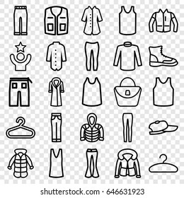 Casual icons set. set of 25 casual outline icons such as hanger, woman bag, singlet, sweater, sleeveless shirt, pants, woman pants, jacket, hoodie, overcoat, celebrity, boot