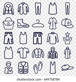 Casual icons set. set of 25 casual outline icons such as woman bag, flip flops, casino boy, overcoat, singlet, sweater, jacket, sleeveless shirt, pants, woman pants