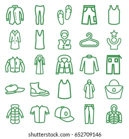 Casual icons set. set of 25 casual outline icons such as hanger, woman bag, flip flops, casino boy, overcoat, singlet, sweater, jacket, pants, woman pants, baseball cap