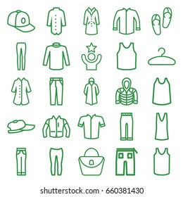 Casual icons set. set of 25 casual outline icons such as woman bag, flip flops, overcoat, singlet, sweater, jacket, pants, woman pants, baseball cap, hoodie, hanger