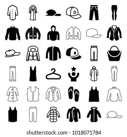 Casual icons. set of 36 editable filled and outline casual icons such as hanger, woman bag, singlet, jacket, baseball cap, hoodie, celebrity, overcoat, woman pants, flip flops