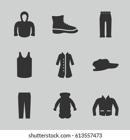 Casual icons set. set of 9 casual filled icons such as singlet, woman pants, pants, jacket, hoodie, overcoat, boot