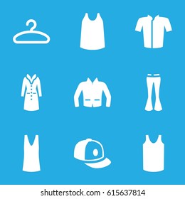 Casual icons set. set of 9 casual filled icons such as singlet, jacket, woman pants, baseball cap, overcoat