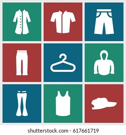 Casual icons set. set of 9 casual filled icons such as hanger, singlet, jacket, pants, woman pants, hoodie, overcoat