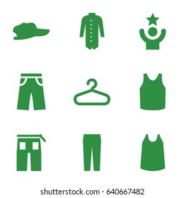 Casual icons set. set of 9 casual filled icons such as hanger, singlet, pants, jacket, celebrity