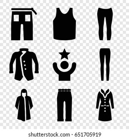 Casual icons set. set of 9 casual filled icons such as overcoat, singlet, pants, woman pants, jacket