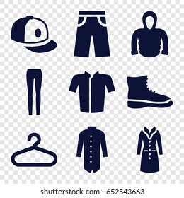Casual icons set. set of 9 casual filled icons such as hanger, jacket, pants, woman pants, baseball cap, hoodie, overcoat