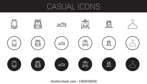 casual icons set. Collection of casual with backpack, sneakers, hoodie, hanger. Editable and scalable casual icons.