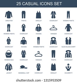 casual icons. Trendy 25 casual icons. Contain icons such as sweater, pants, singlet, overcoat, woman pants, hoodie, hanger, sleeveless shirt, woman bag. casual icon for web and mobile.