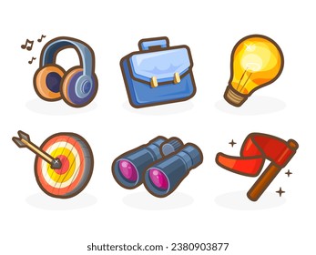 Casual icons for your app. Bright remarkable UI elements. Headphones, light bulb, briefcase, flag and others. Nice vector UI illustration for your business.