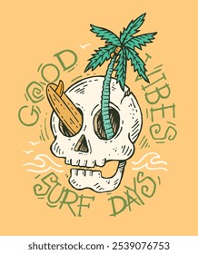 Ilustração casual de um crânio com uma prancha de surf e um coqueiro. Arte relaxada para impressões em camisetas, cartazes, etc.