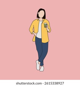 Casual Illustration of a Woman in Yellow Shirt and Blue Pants Holding a Coffee Cup
