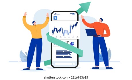 Gente inversionista casual - Dos hombres invirtiendo en el mercado de valores, sonriendo y alentando el retorno de la inversión. Concepto de ganancia de dinero, diseño plano cartografía ilustración vectorial con fondo blanco