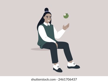 Casual Juggling Act, A Students Apple in Mid-Air, A relaxed student skillfully tosses a fruit while seated, displaying balance and ease