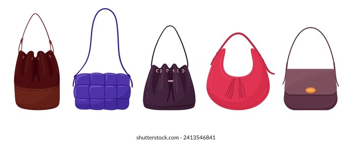 Casual leather bags. Stylish woman bags, shopper, satchel and bucket bag flat vector illustration set. Fashionable womens accessory collection