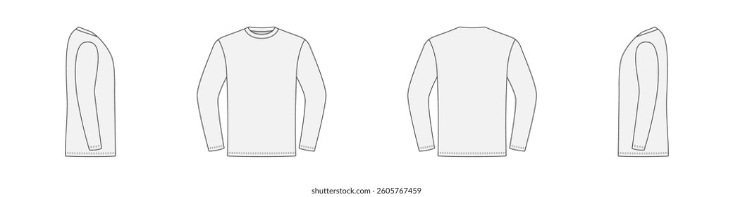 Casual long sleeve tshirt front and side back view. Sketch shirt unisex pattern for everyday wear and sports
