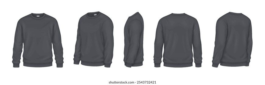 Casual long sleeves sweatshirts mockup realistic vector illustrations set. Modern attire for cool days template 3d model on white background