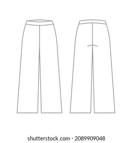 Casual loose pants classic trousers, sweatpants technical drawing, outline template, sketch. Fabric trousers with front, back view. Vector flat illustration