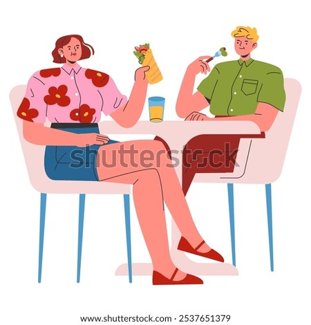 Casual Lunch Break concept. Two colleagues enjoying a friendly chat over a light meal. Office camaraderie outside the workplace. Vector illustration.