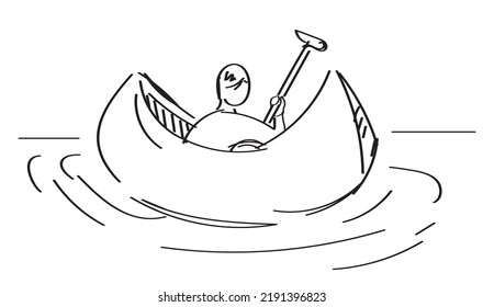 Casual Male Athlete In Canoe Boat. Rowing Man With Paddle, Which Is Water Sport Sportsman. Hand Drawn (doodle Style) Vector Drawing.