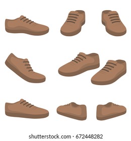 Casual Male Shoes. Back, Front, Side View. Vector Fashion Illustration