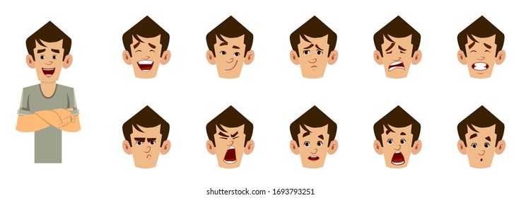 casual man cartoon character with different facial expression set.  different facial emotions for custom animation