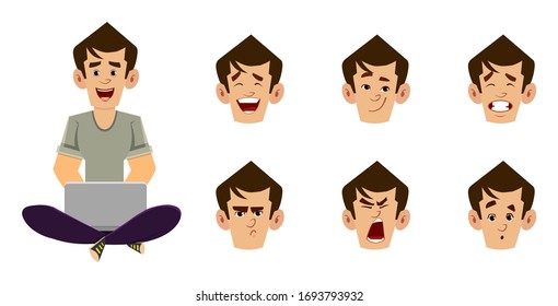 casual man cartoon character sitting on the floor and working or relaxing with laptop
