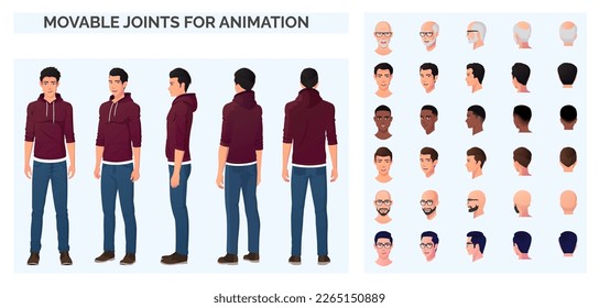 Casual Man Character Constructor for Animation, Cartoon Man Wearing Hoodie and Blue Jeans Character Creation with Front Side and Back View - Shutterstock ID 2265150889