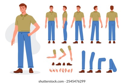 Casual man character constructor for animation. Front, side and back view. Body parts and postures collection. Vector illustration.