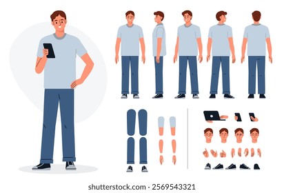 Casual man character constructor for animation. Front, side and back view. Body parts and postures collection. Vector illustration.