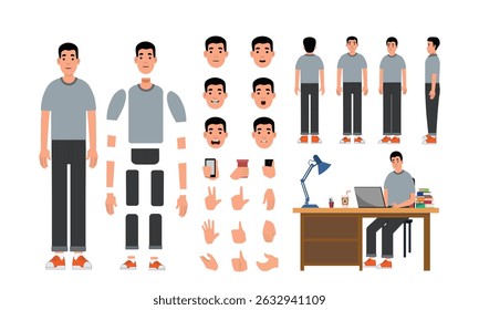 Construtor de personagem homem casual para animação. Vista frontal, lateral e traseira. Coleção de posturas e partes do corpo. 
