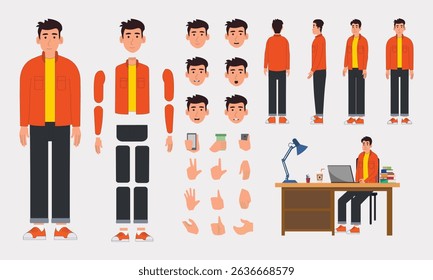 Casual man character constructor for animation. Front, side and back view set. Body parts, postures, poses collection. Vector illustration