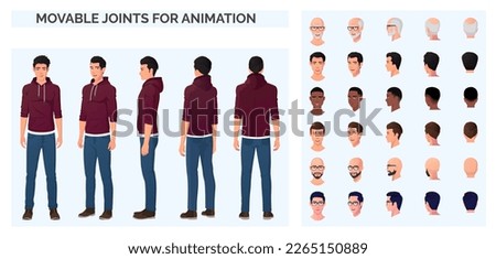 Casual Man Character Constructor for Animation, Cartoon Man Wearing Hoodie and Blue Jeans Character Creation with Front Side and Back View ストックフォト © 