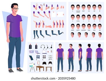 Casual Man Character Creation set with Hand Gestures and Accessories Premium vector