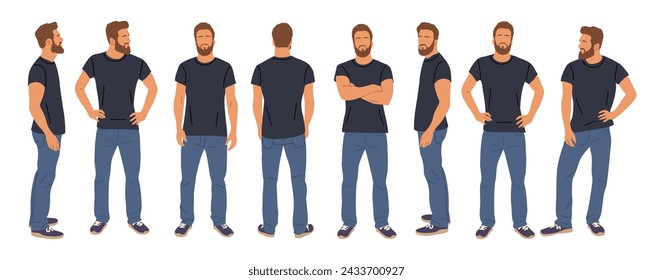 Personaje masculino casual de pie en diferentes poses.