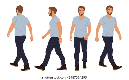 Casual man character walking in different poses front, rear, side view. Handsome bearded guy in blue t-shirt, jeans, boots. Set of vector realistic illustrations on white background.