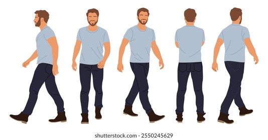 Personagem homem casual andando em diferentes poses frente, traseira, visão lateral. Cara barbudo bonito com camiseta preta, jeans azul, tênis. Conjunto de ilustrações realistas vetoriais sobre fundo branco.