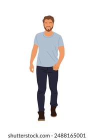 Personaje masculino casual caminando vista frontal. Hombre barbudo guapo en camiseta azul, jeans oscuros, botas. Ilustración realista de Vector aislado sobre fondo blanco.