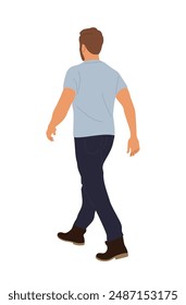 Casual man character walking rear view. Handsome bearded guy in blue t-shirt, dark jeans, boots. Vector realistic illustration isolated on white background. Hand made, not AI generated