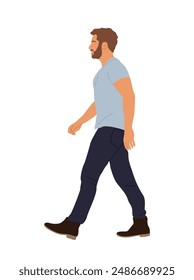 Lässiger Mann Charakter Walking Seitenansicht. Hübscher bärtiger Typ in blauem T-Shirt, dunkle Jeans, Stiefel. Vektorgrafik realistische handgezeichnete Illustration isoliert auf weißem Hintergrund. Keine KI generiert