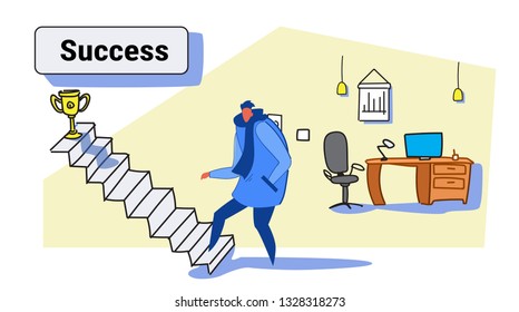 casual man climbing stairs career ladder up to golden winner trophy cup business man successful strategy leadership concept office interior colorful sketch horizontal