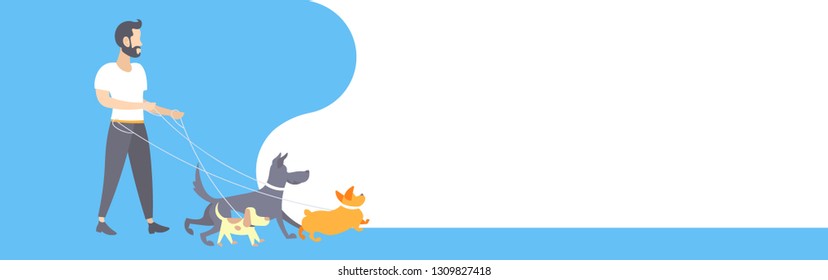 casual man dog walker guy walking with dogs owner with pets different breeds male cartoon character full length flat horizontal banner