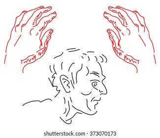Casual man face and hand palms drawings. Hand drawn sketch. Modern line style illustration