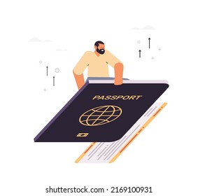 casual man flying on passport traveling vacation tourism and journey concept