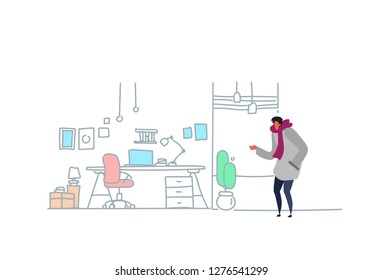 casual man freelancer standing modern cabinet workplace room interior house office furniture sketch doodle horizontal