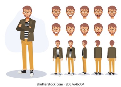 Hombre casual, personaje animado de vista frontal, lateral y trasera. Juego de creación de caracteres vectoriales planos con varias vistas, estilo de dibujos animados, ilustración vectorial plana. Emoción.